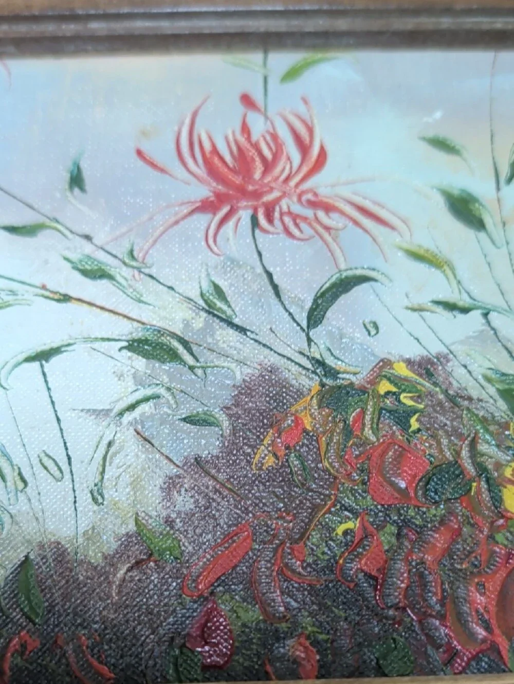 Vintage Framed Floral Canvas Art Paintings Pair Red Green Flowers Nature Signed